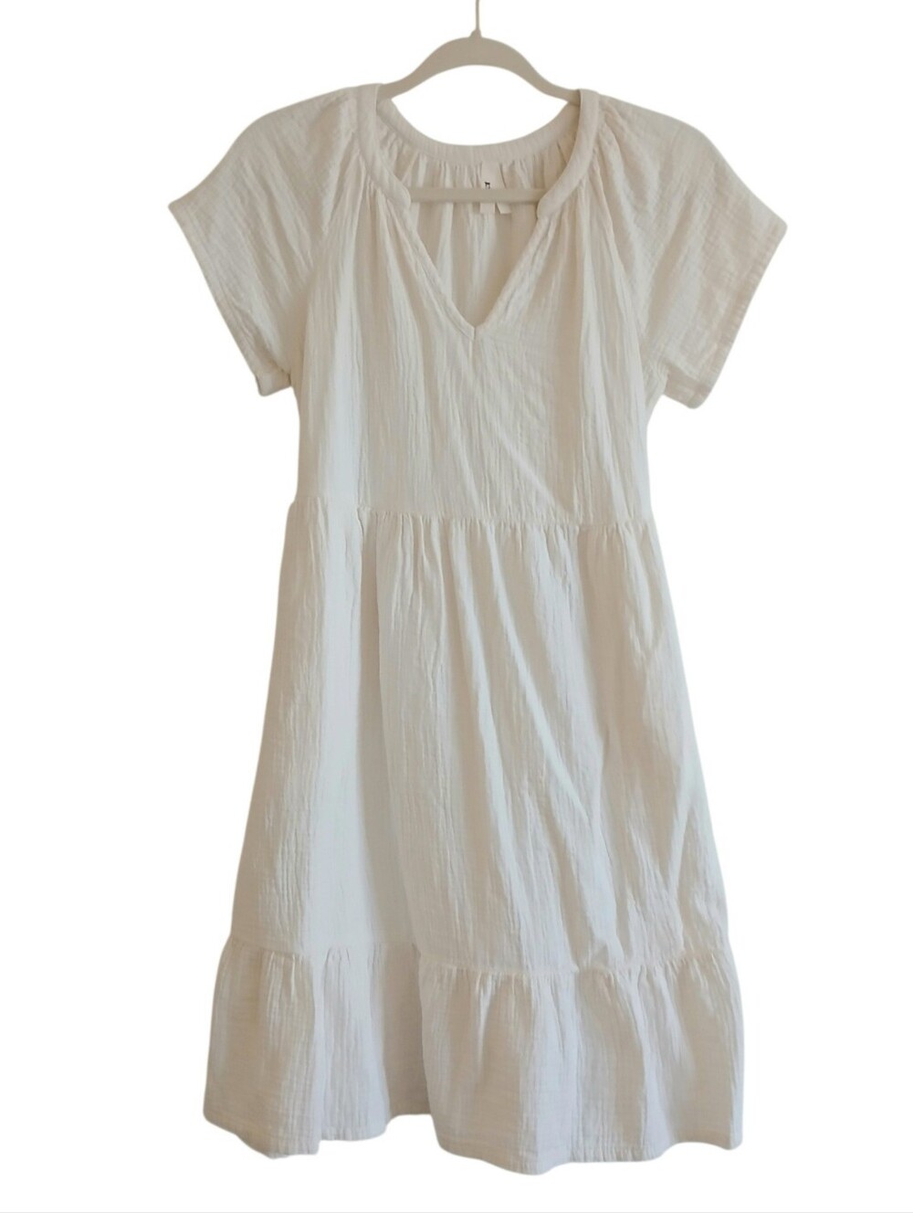 PACT 100% Organic Cotton Gauze Dress Women's XS Tie Back Pockets Tiered Coastal